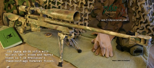 .338 Lapua AR-30 rifle and Millett LR-1 optic in Chameleonflage