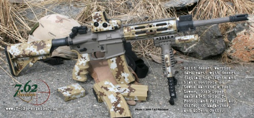 LMT & GG&G rifle in solid Desert Warrior Dark Earth and desert digital on stock, AG-43 grip, HK magazines, T-PodSL, and EOTech.