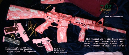 Pink digital camouflage on AR with engraving (last name removed for this photo). Springfield EMP 1911 finished pink and brown and jewelled. Taurus PT22 in pink and black.