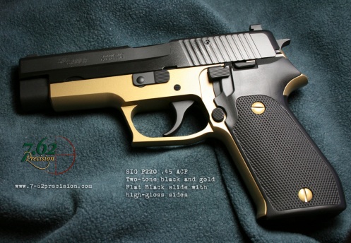 SIG P220 .45 ACP pistol with flat black and gloss black slide and metallic gold frame