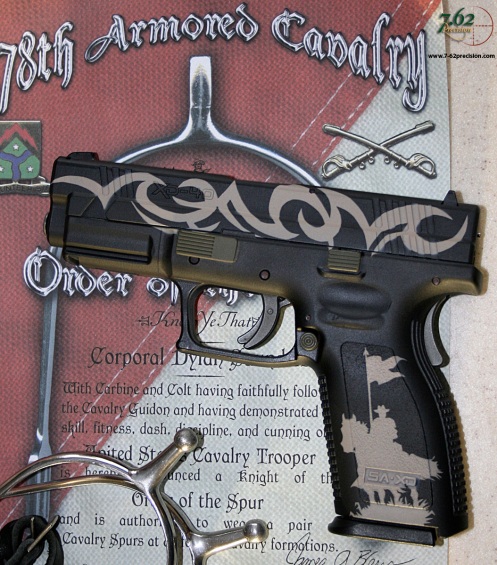 Springfield XD Pistol with Cavalry Theme. Left side: Old Bill with Guidon.
