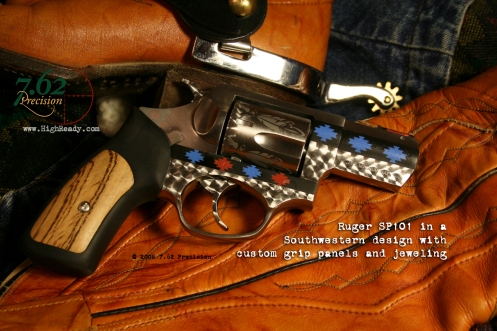 Ruger SP101 .357 Magnum Revolver with southwest art theme, custom grip inserts, and HiViz fiber-optic sight.