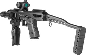 The Gen 1 KPOS uses a charging handle attached to the pistol's slide.