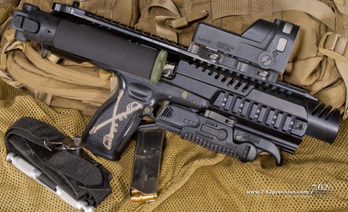 The Pathfinder KPOS does not have a stock, so it does not require registration as an SBR. The foregrip safety on this KPOS has been rebuilt to remain permanently folded, so it cannot be configured as a foregrip.