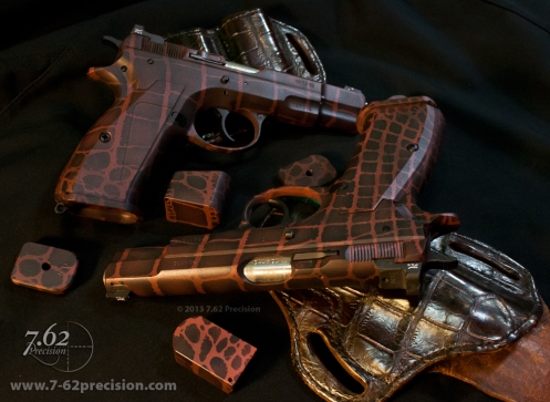 CZ-75 Pistols in Brown Aligator Skin DuraCoat. Aluminum Grips and Aligator Holsters. Click for more photos.